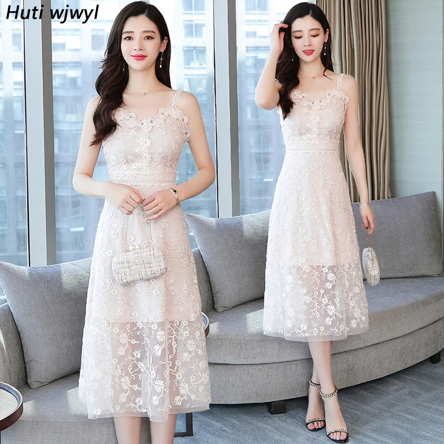 

2019 Solid Vintage Plus Size Midi Dresses Summer Pink Lace Sleeveless Sexy Beach Sundress Bodycon Women Elegant Party Vestidos