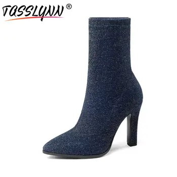 

TASSLYNN 2018 Lycra Women Boots Thin High Heel Autumn Boots Ankle Boots Stretch Fabric Slip on Night Club Lady Boots Size 38 39