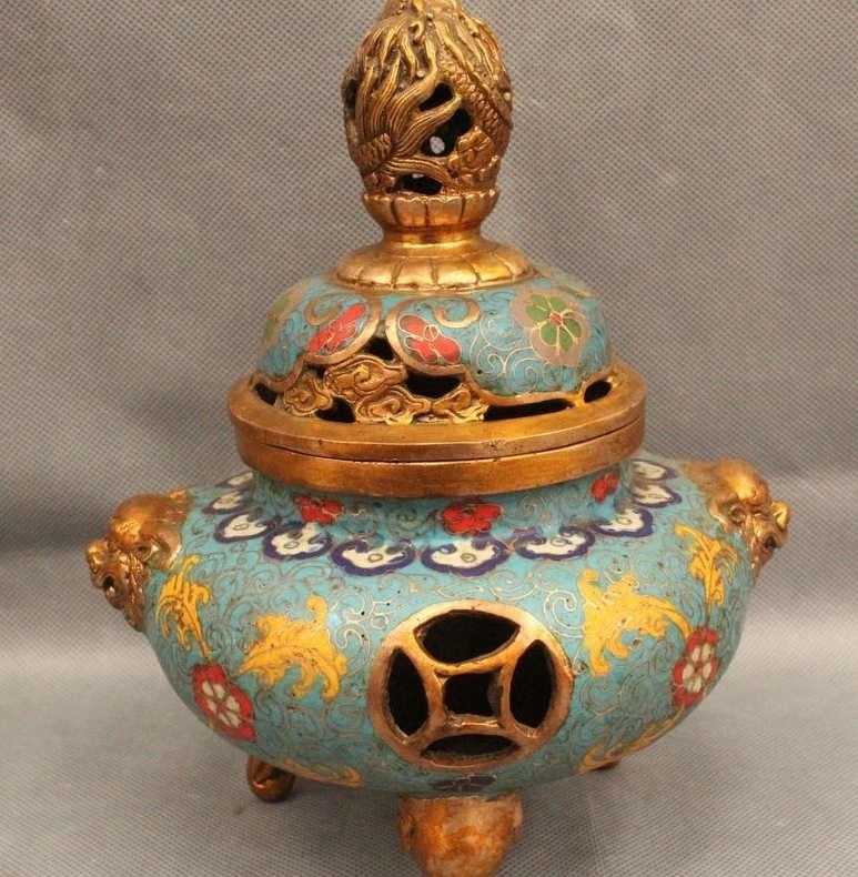 

9" Marked Chinese Cloisonne Copper Dragon Beast Handle Incense Burner Censer