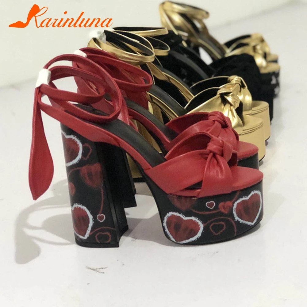 KARINLUNA/новые женские туфли на высоком каблуке и платформе со шнуровкой, большие размеры 34-43 Женские Повседневные Вечерние Подиумные Летние босоножки г