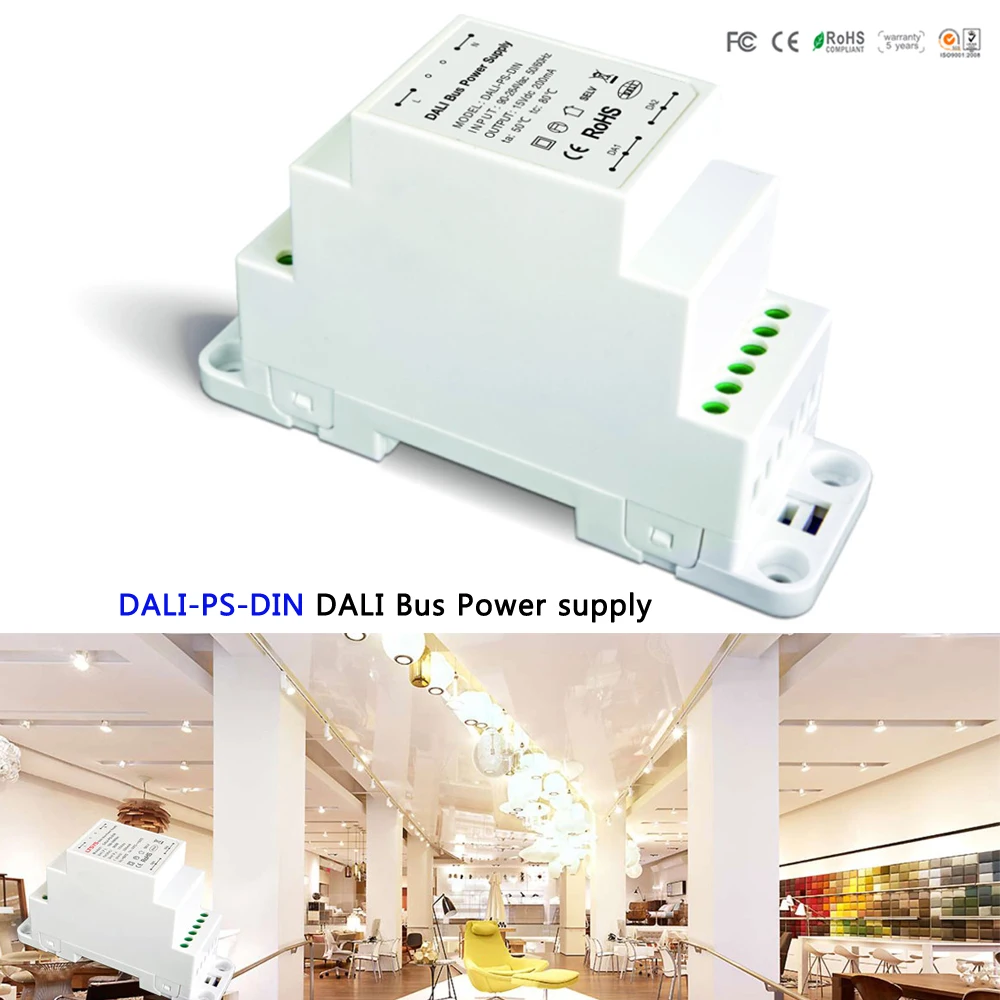 

DALI Bus Power supply(DIN Rail) DALI-PS-DIN 100-240VAC 50/60Hz input,15VDC 200MA output DALI Dimming Driver for LED Lights