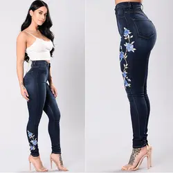 Новые стильные сексуальные женские джинсы 2019 женские обтягивающие Цветочные аппликация на джинсы Высокая талия стрейч брюки карандаш с