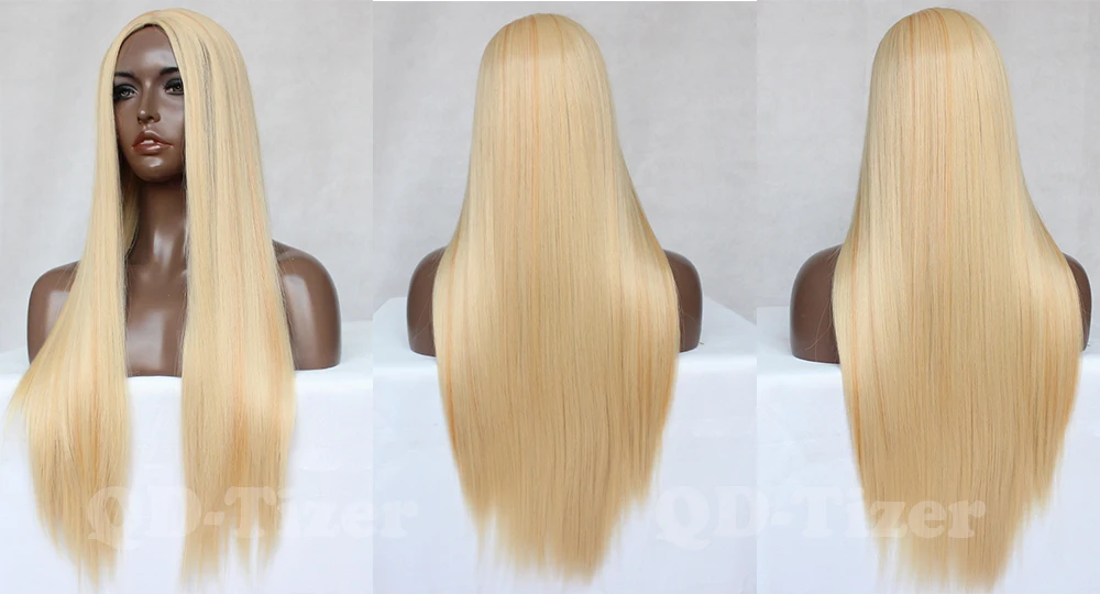 qd-tizer long blonde straight synthetic lace front wig 7