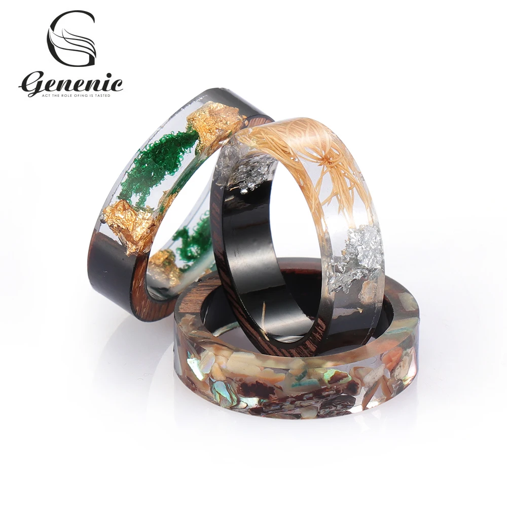

2019 New Arrival Hand Made Wooden Resin Rings Jewelry Flowers Plants Inside Jewelry Novelty Wood Band Ring Wholesale Men Women