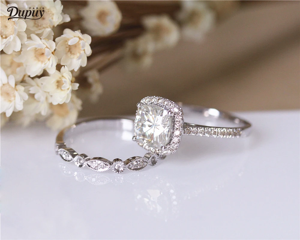 DUPUY 2.0ct Cushion Forever Brilliant Ring Set Art Deco Half Eternity Diamonds Wedding 14k White Gold Engagement | Украшения и