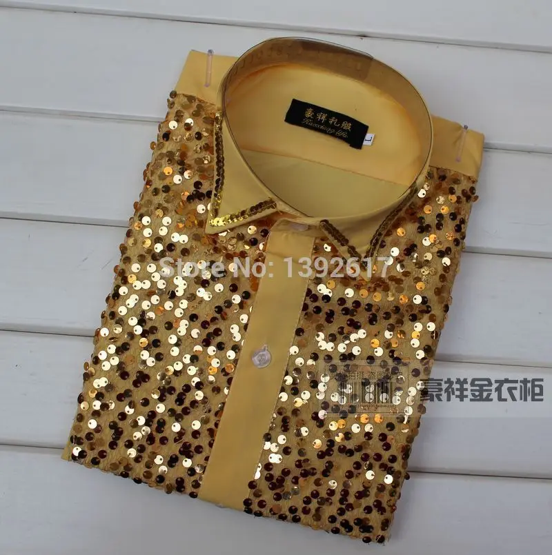 Men Sequins Black/Golden Tuxedo Shirt