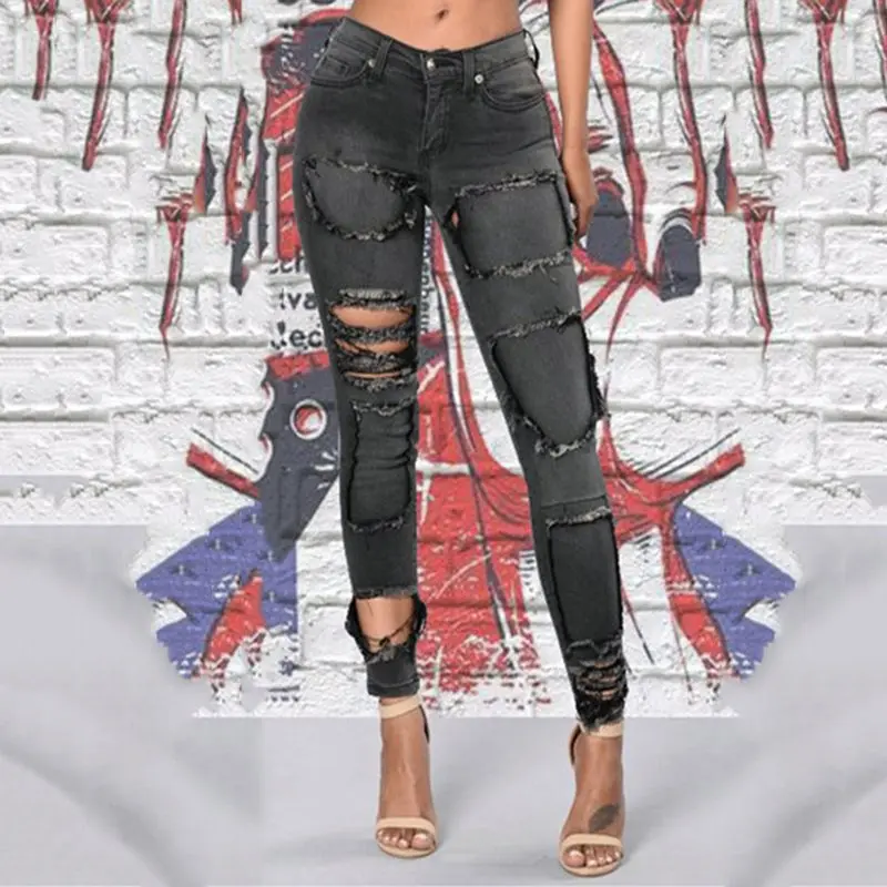 

Sexy Club Punk Gothic Gray Fall 2019 Women Pencil Pants Skinny Denim Thin Hole Plain Autumn Female Chic Goth Plus Size Jeans