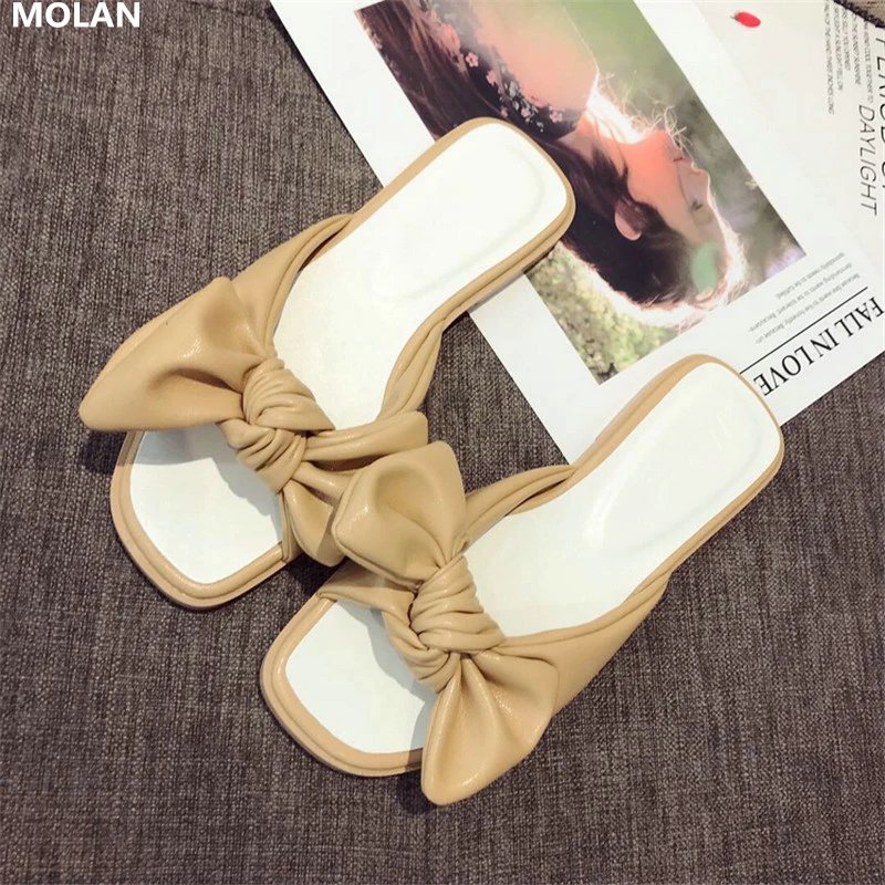 

MOLAN Brand Designers 2019 Summer New Sweet Butterfly Knot Ladies Slipper Flat Slides Slip On Loafers Mules Flip Flops For Beach