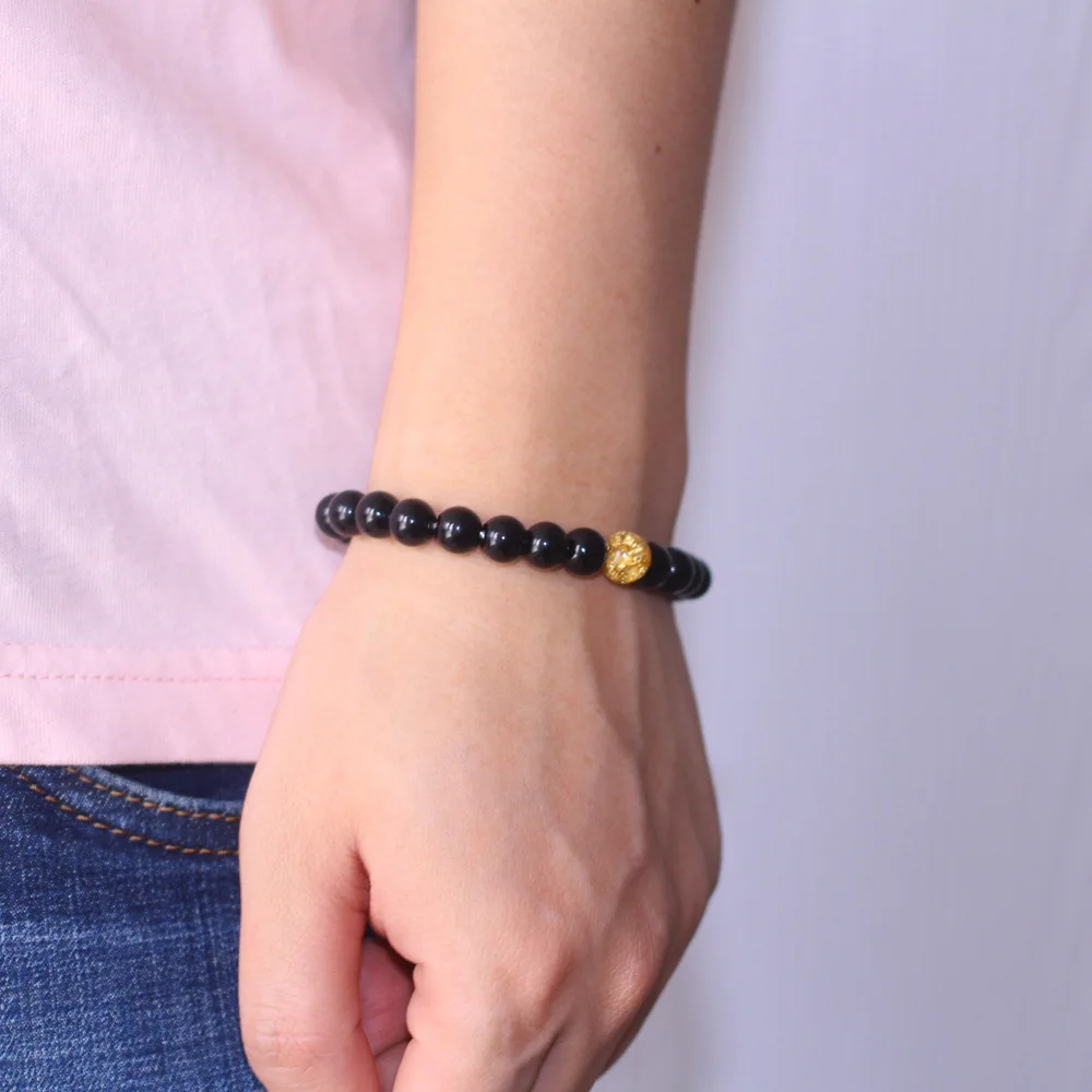 

High quality black matte stone bead bracelet lovers jewelry lucky bracelet gold foil round beads bracelet gift for Men Women