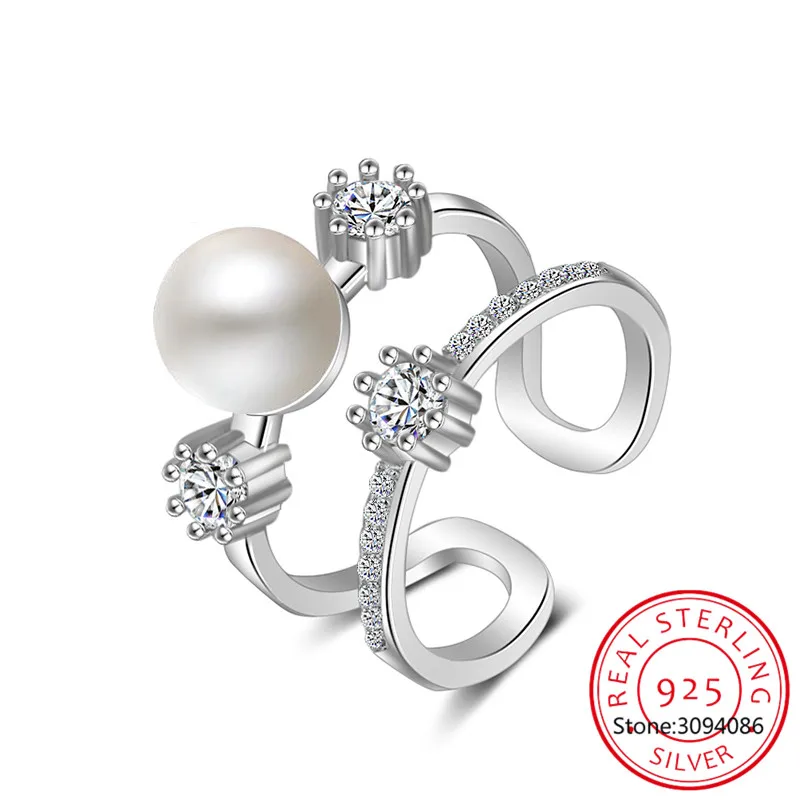 

Dazzling Micro CZ 925 Sterling Silver Ring Setting Zirconia Pearl Double Rows Opening Rings Bague anillos For Women S-R338