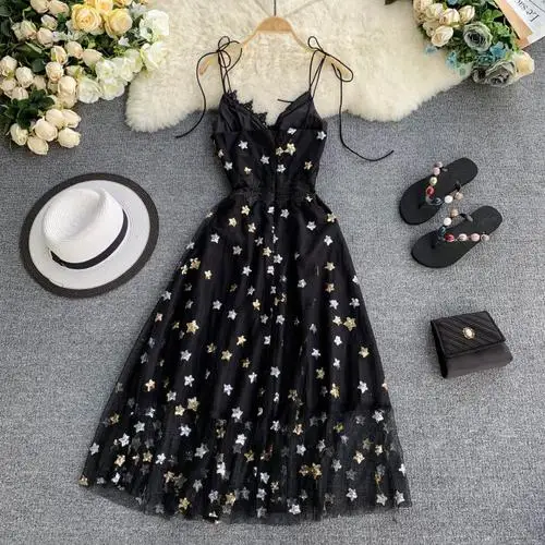 Женское платье в стиле ретро, летнее, со звездами, блестками, сексуальное, шикарное, v-образный вырез, без рукавов, элегантное, Vestidos Verano F782 - Цвет: Черный