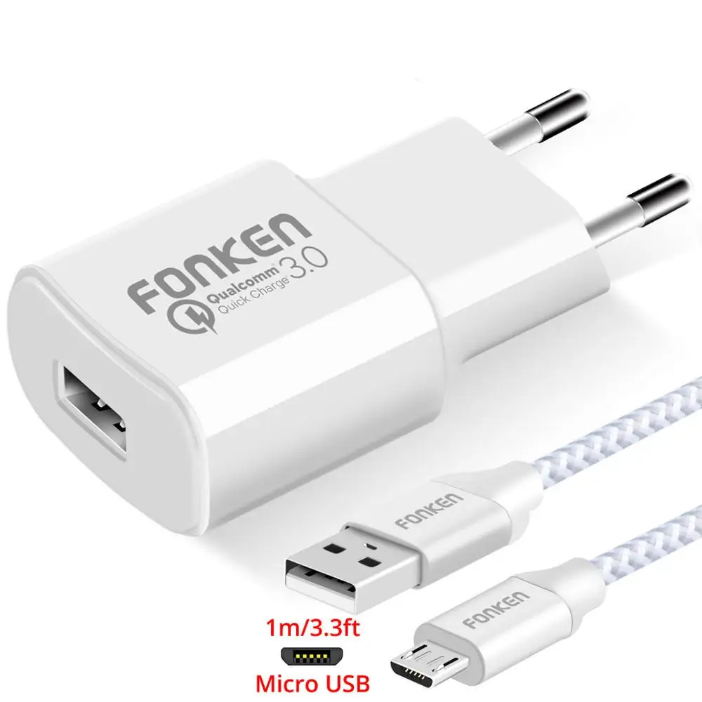 FONKEN USB зарядное устройство Quick Charge 3,0 быстрое зарядное устройство QC3.0 QC2.0 18 Вт настенное быстрое зарядное устройство с кабелем быстрой зарядки для мобильного телефона - Тип штекера: White add Micro USB