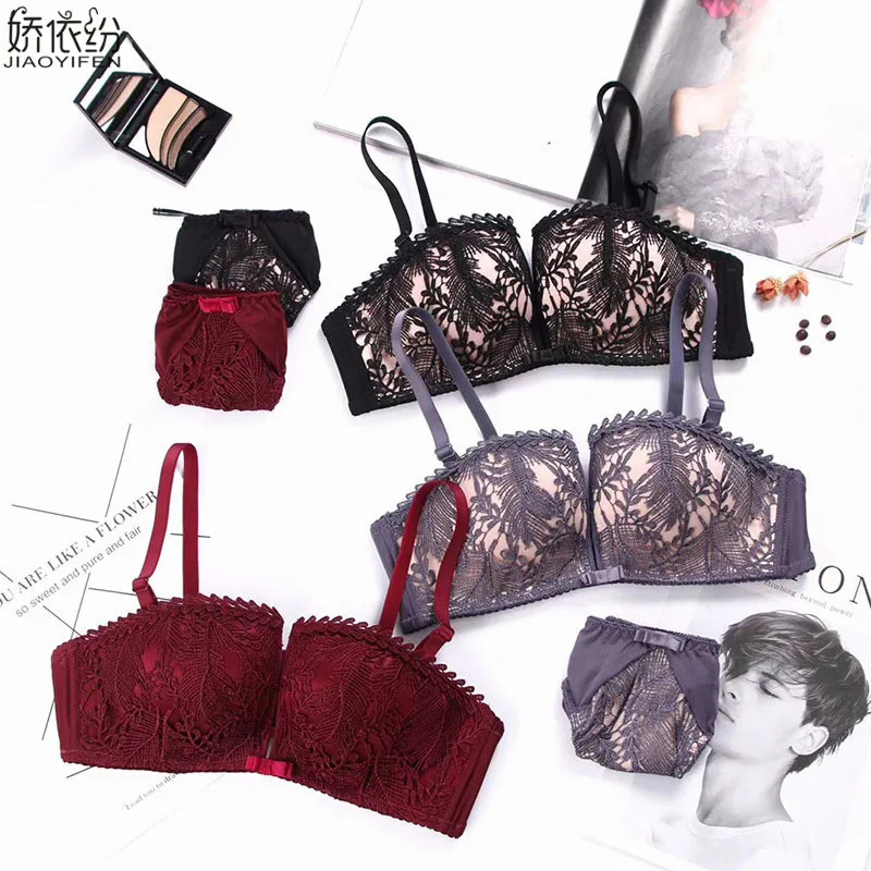

JYF New Sexy Push Up Lace Bra Set 1/2 Cup Women Lingerie Panties Thin Section Embroidery Red Wine High Quality Underwear Sets