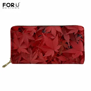 

FORUDESIGNS Red Maple Leaf Print Woman's Zipper Long PU Leather Wallet Fashion Brand Credit Card/Phone Holder Large Coin Purse