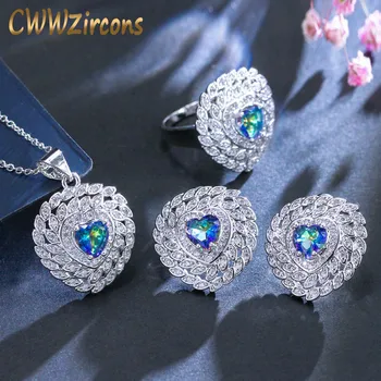 

CWWZircons Mystical Blue Crystal Jewelry Sets Heart Shape Rings Necklace and Earrings Set for Women Fashion Love Gifts T006