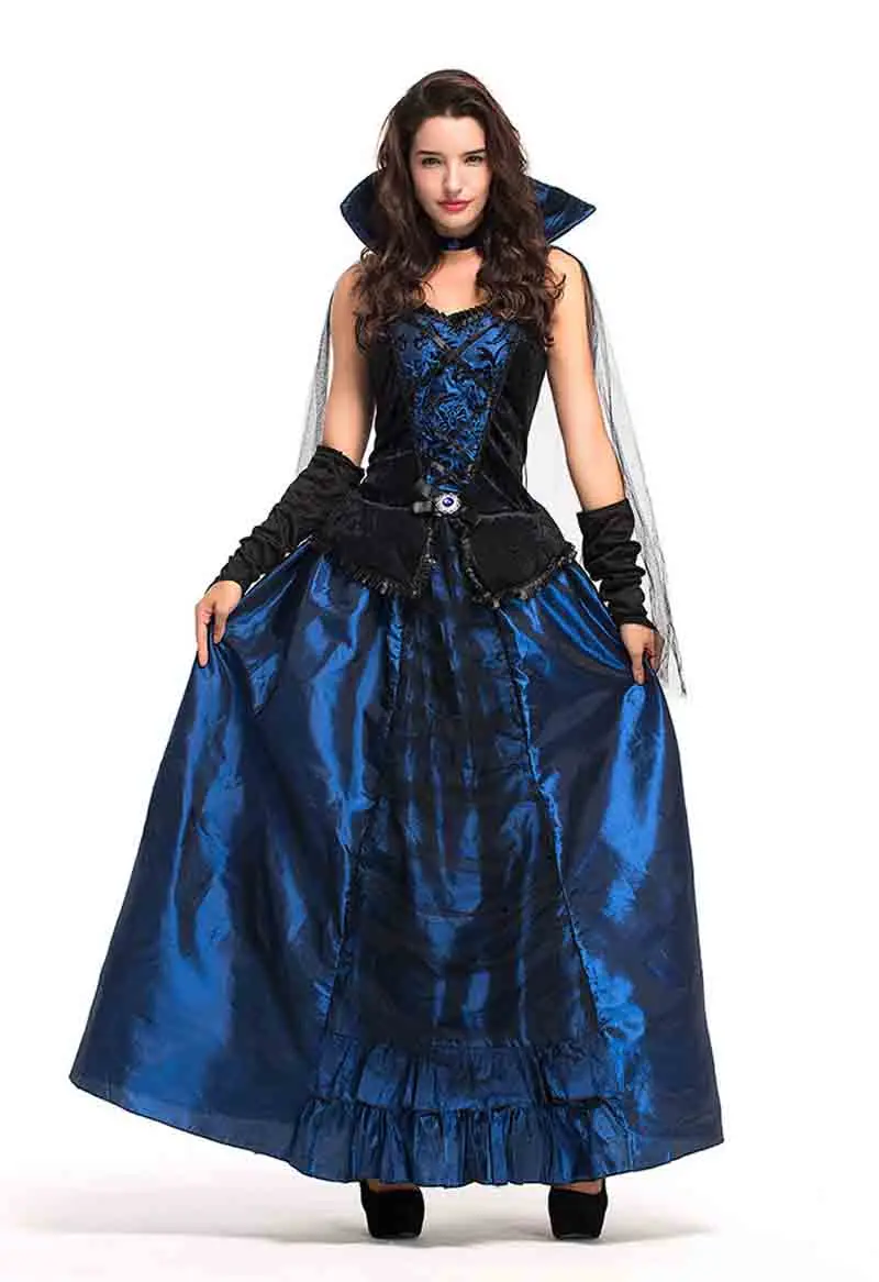 

Sexy Lingerie Blue Queen Countess Princess Long Dress Ladies Fantasia Halloween Costume Women Blue Vampire Costume Fancy Dress