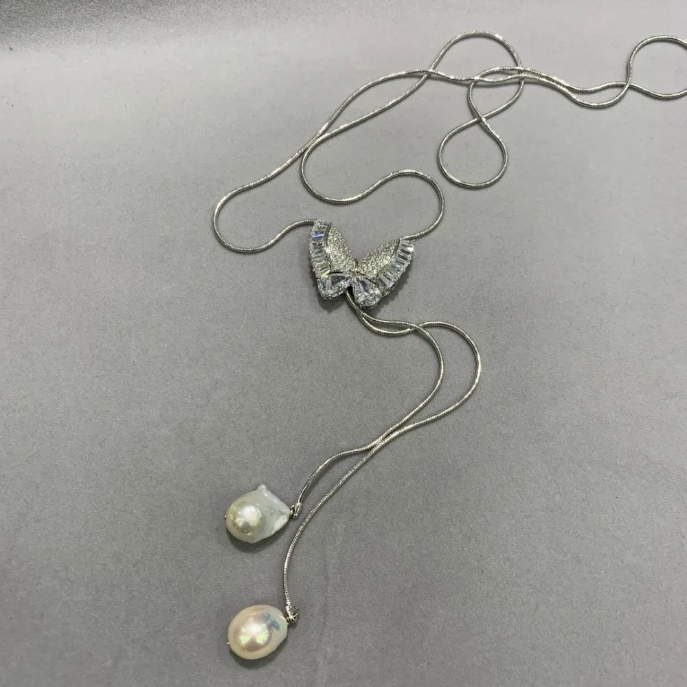 

baroque natural fresh water pearl sweater chain necklace long pendant necklace cubic zircon butterfly can move up and down