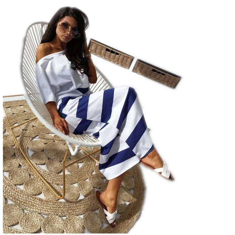 

Women Fashion Skirts High Elastic Waist Striped Loose Long Maxi Skirt Femme White Blue Stripe Straight Skirts New