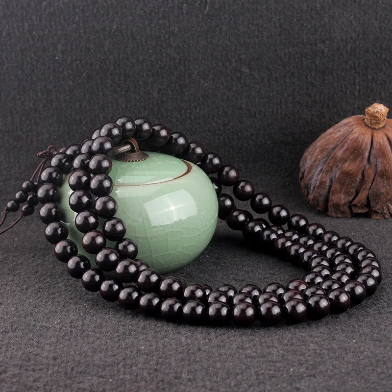 

8mm Black Natural African Ebony Beads Buddha Elastic Bracelet Mala Rosary, Classical Wind Energy Hand String Couples Jewelry