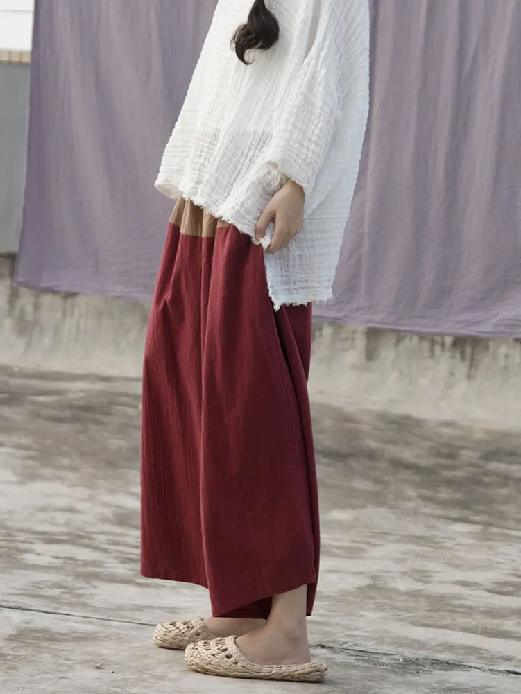 

2019 Spring Women Pants Cotton and Linen Patchwork Casual Wide leg pants Plus size women red D016