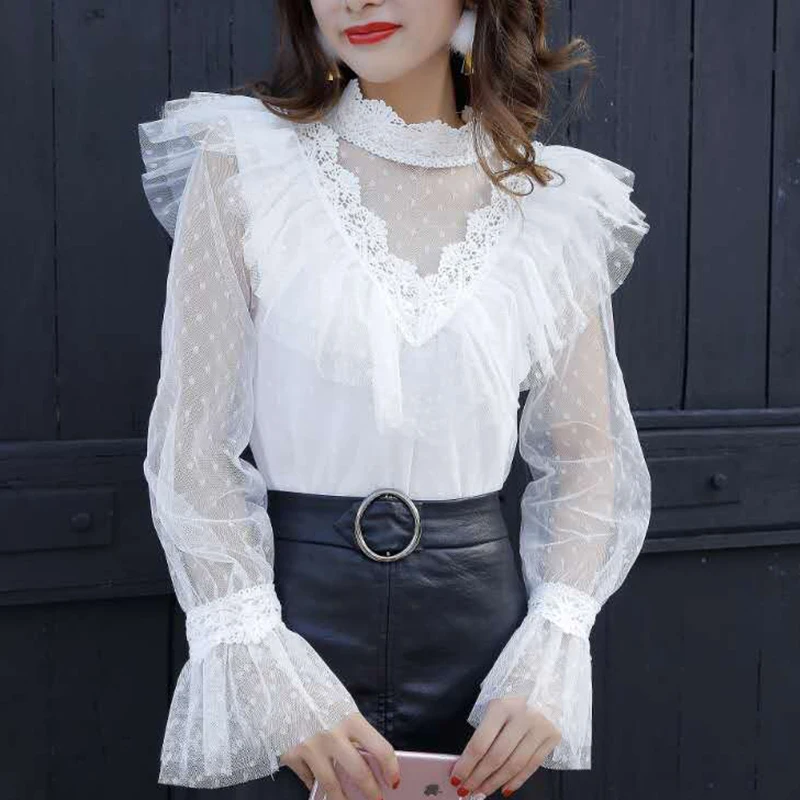 

Women Floral Lace Blouse Spring Autumn Sweet Turtleneck Shirt Polka Dot Mesh Blouses Sexy Lady Flare Sleeve Blusas Tops SF927
