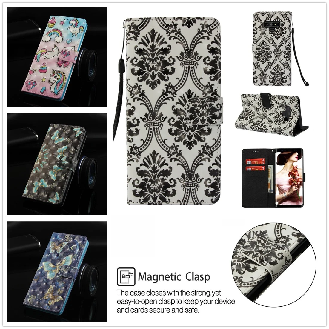 

For Samsung Dalaxy Note9 Fashion Painted Card Wallet Phone Fundas Samsung Note9 N960f N960u N9600 Lucky Note9 Holder Stander Cas