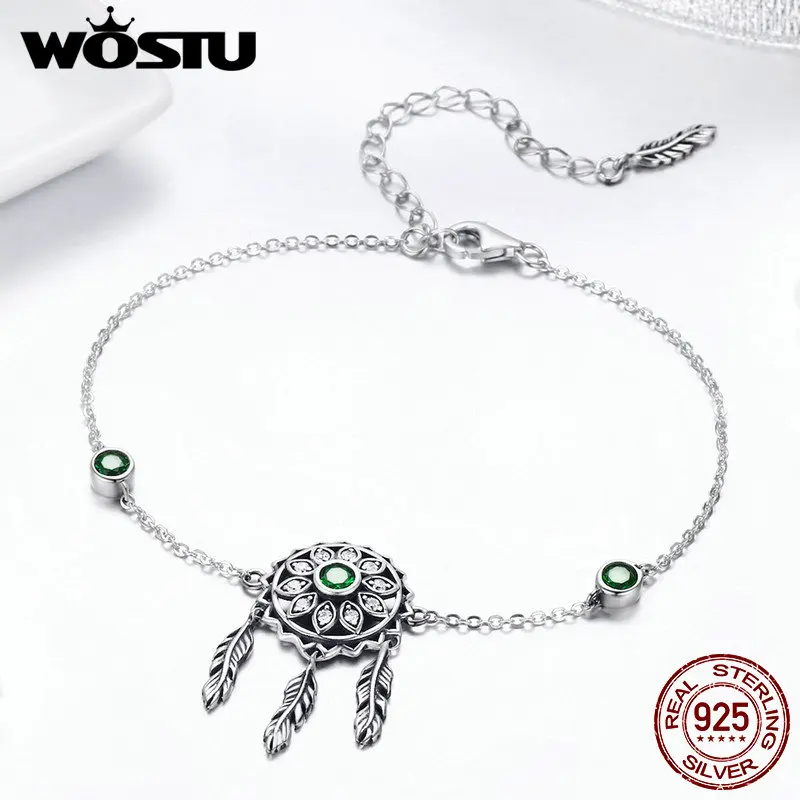 WOSTU, дизайн, 925 пробы, серебряная, зеленая цепочка Ловец снов и звенья, браслеты для женщин, оригинальные подлинные ювелирные изделия, подарок FIB078