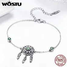WOSTU, дизайн, 925 пробы, серебряная, зеленая цепочка Ловец снов и звенья, браслеты для женщин, оригинальные подлинные ювелирные изделия, подарок FIB078