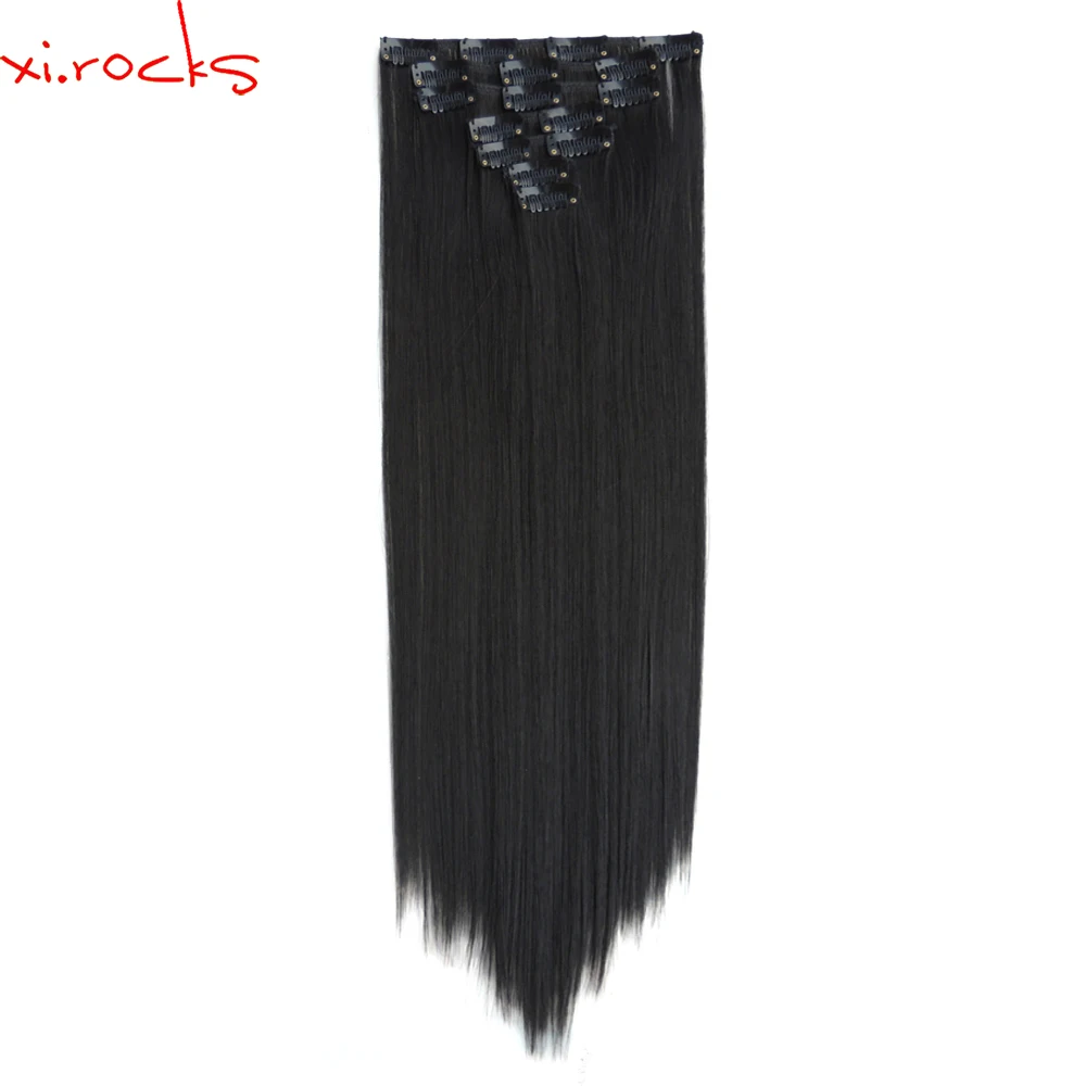 

2set 7pcs/set Xi.rocks Synthetic Clip in Hair Extensions 55cm Straight Hairpiece Clips for the Hair Extension 130g Black 1BJ