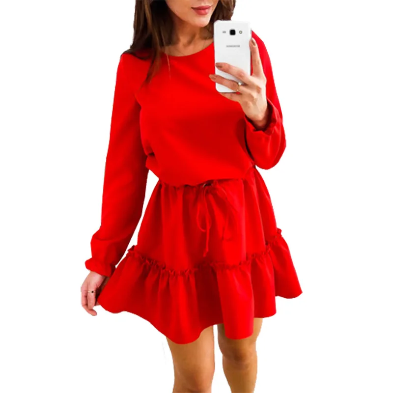 

Ruffle Women Mini Dress Tunic O Neck long-Sleeve Loose Casual Basic Dresses For Woman WS4560Z