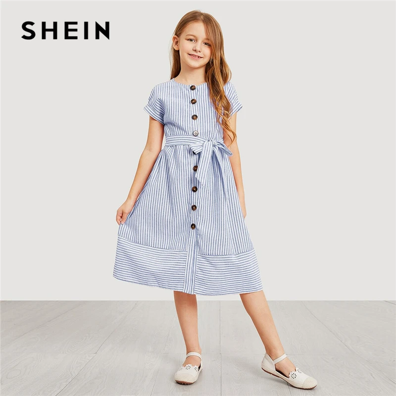 SHEIN/элегантное Полосатое платье-рубашка на пуговицах с поясом; Одежда для девочек; коллекция года; летнее корейское модное повседневное длинное платье для девочек