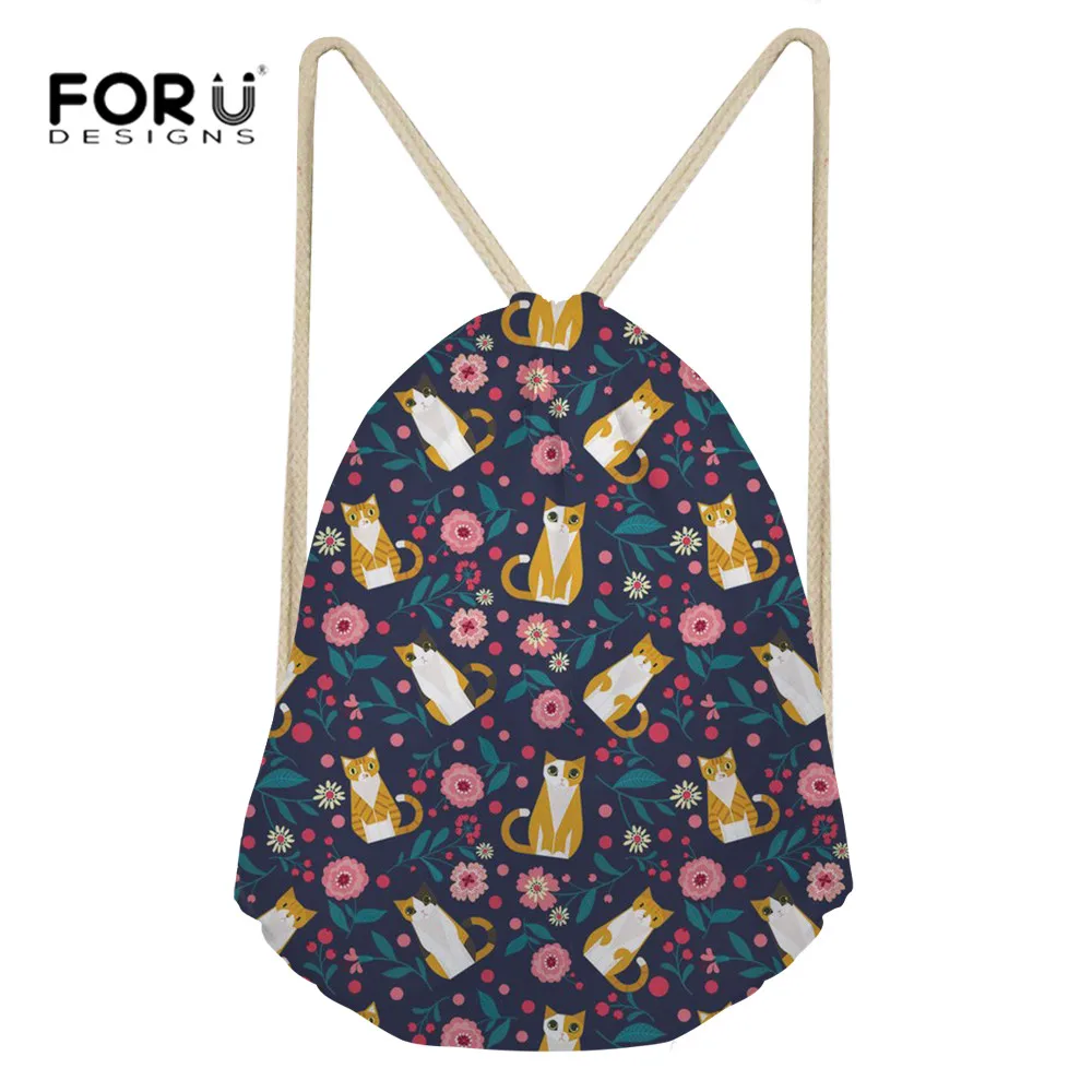 FORUDESIGNS Sports Bag Drawstring Bag Women's Backpack Cartoon Cute Cat Printed Training Athletic Bag Gym Sack for Fitness Bolsa