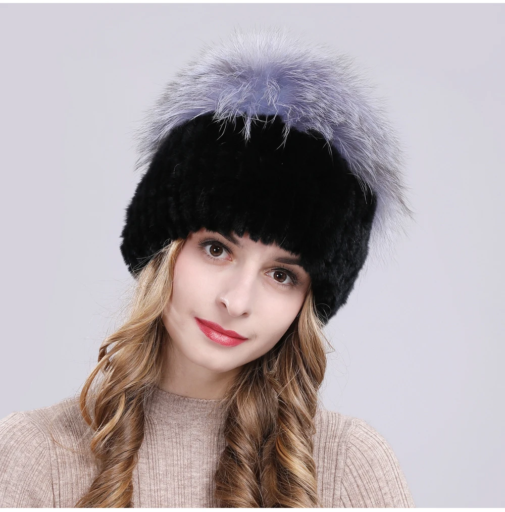 Outdoor Women Warm Soft Genuine Rex Rabbit Fur Hat Knitted Natural Real Sliver Fox Fur Caps Winter Real Rabbit Fur Beanies Hats