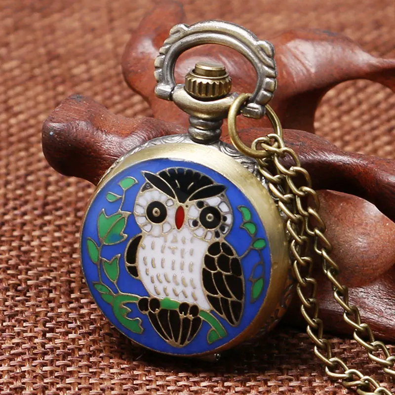 

Antique Vintage Retro Pocket Watch With Chain The Cute Blue Owl Pattern Pocket Watch Necklace Men Women Gift P916