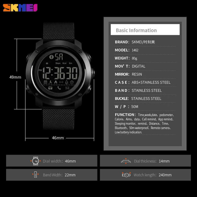 SKMEI модные калории шагомер спортивные Смарт наручные часы Удаленная камера bluetooth светодиодный цифровые водонепроницаемые часы relogio inteligente