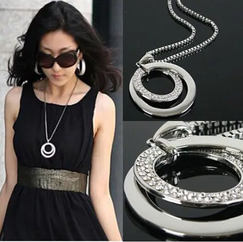 

New Fashion Pretty Women's Silver Color&Gold Color Choker Crystal Rhinestone Long Chain Double Circle Pendant Charm Necklace