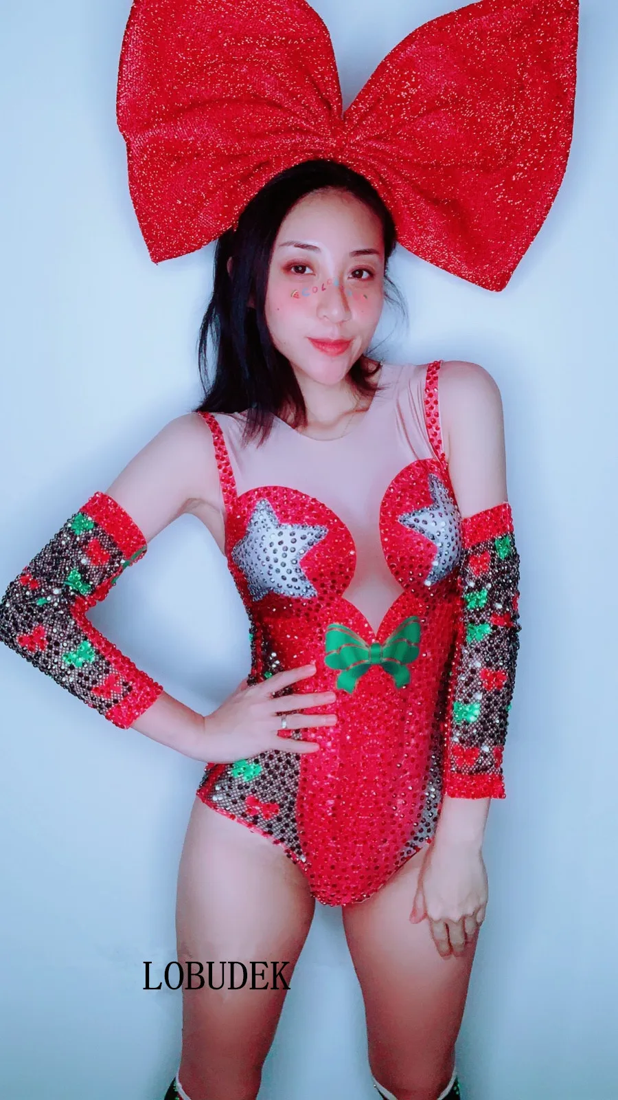 Для женщин Рождество Rave костюм для вечеринки Красочные Стразы боди стрейч кристаллы комбинезон сексуальный бар ночной клуб шоу
