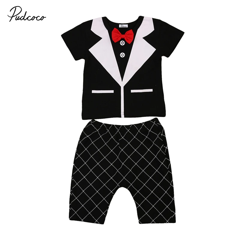 Kids Baby Boy Clothes Suit Short Sleeve Bow Shirt +Plaid Pants 2 pieces Formal Gentleman
