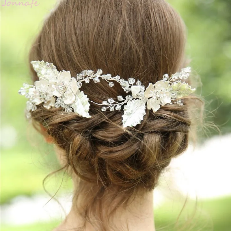 

Jonnafe Silver Floral Leaf Women Prom Hair Comb Charming Bridal Headpiece Handmade Wedding Hair Vine Accessories