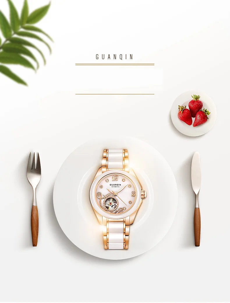 GUANQIN Ceramic Women Watch Automatic Mechanical Watches Hollow Waterproof Watch Ceramic Watch Strap Rhinestone Shell Pattern  (1)