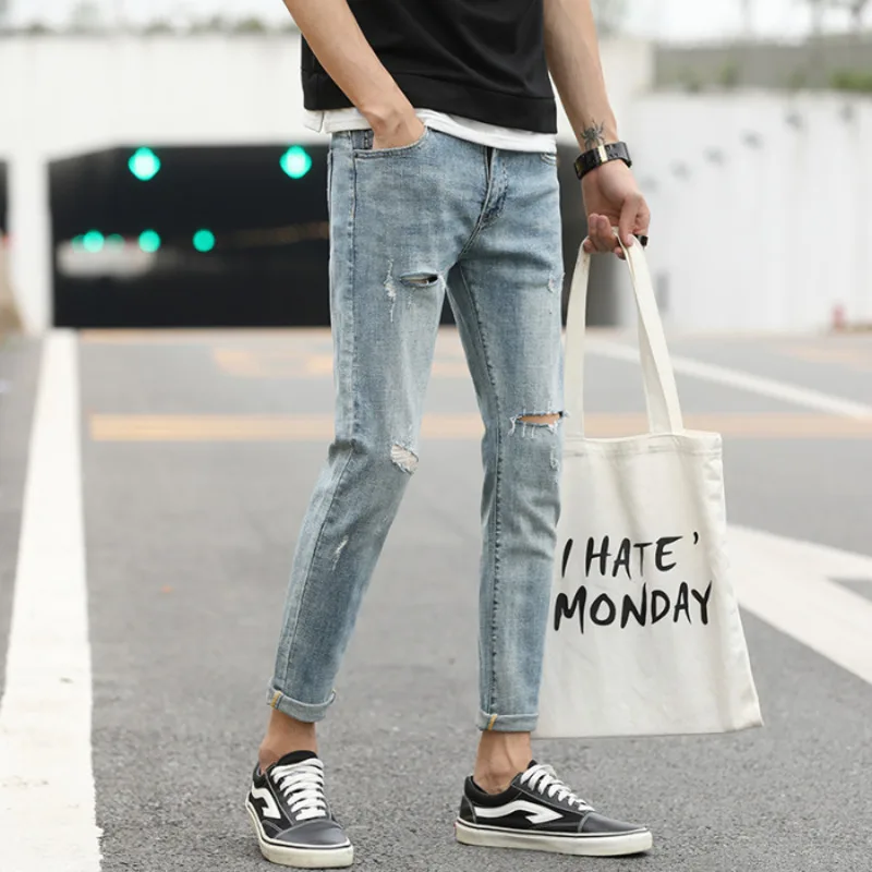 

Spring New Jeans Men Stretch Slim Fashion Casual Tear Hole Denim Pants Man Streetwear Trend Wild Hip Hop Trousers Male Clothes