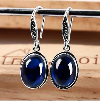 

Thai Silver Oval blue corundum Ruby Garnet Earrings retro earrings earrings jewelry Korea fashion women