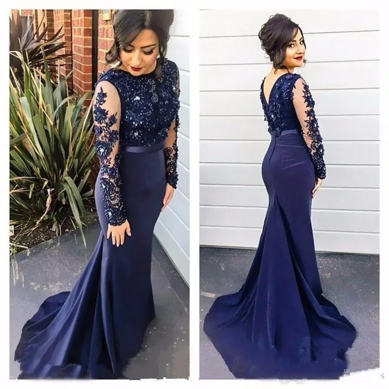 Angel married evening dresses long sleeves mermaid prom dress navy blue appliques women formal party dress vestido de fest 2019