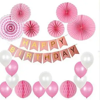 

59 pcs Birthday Party Decorations Supplies Happy Birthday Banner Tissue Paper Pom Poms Flowers Paper Fan Pink White Baby Shower