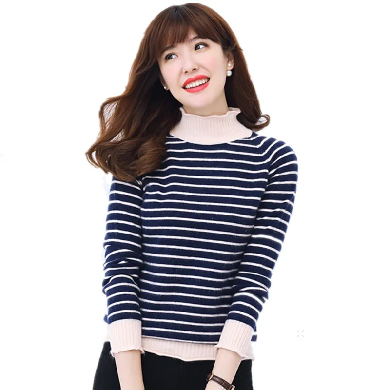 Women sweaters and pullovers 2021 Autumn Striped Color Wool sweater Female Warm comfortable soft knitted Turtleneck Junmper | Женская