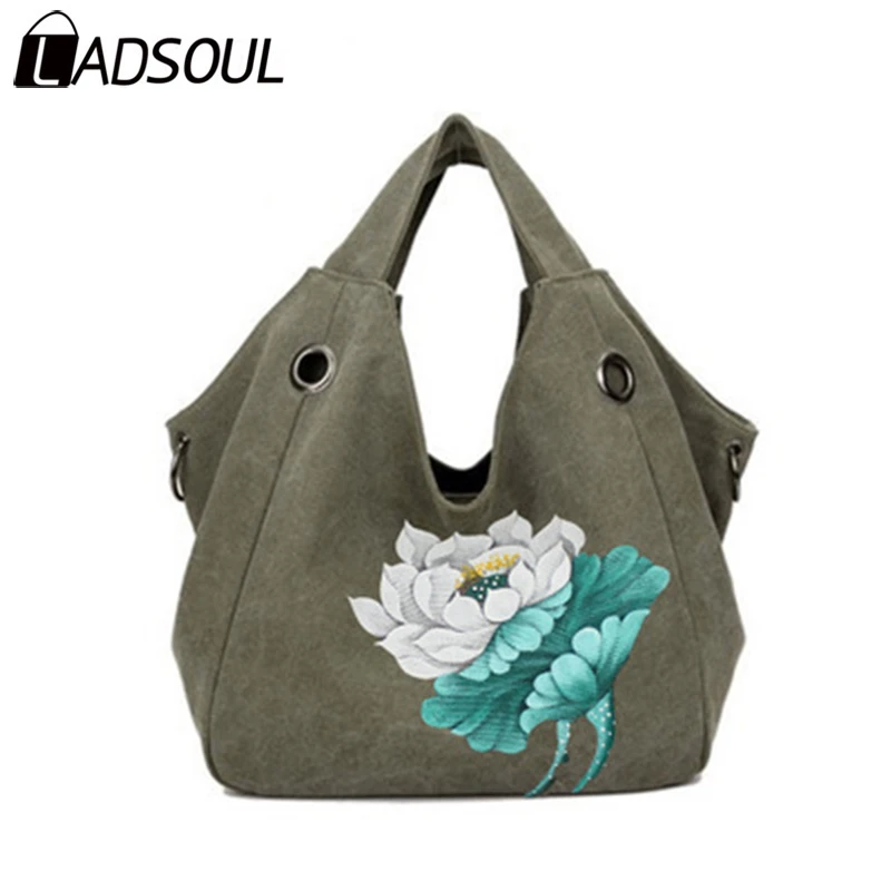LADSOUL Handbag Canvas Chinese Style Women Handbags Landscape Lotus