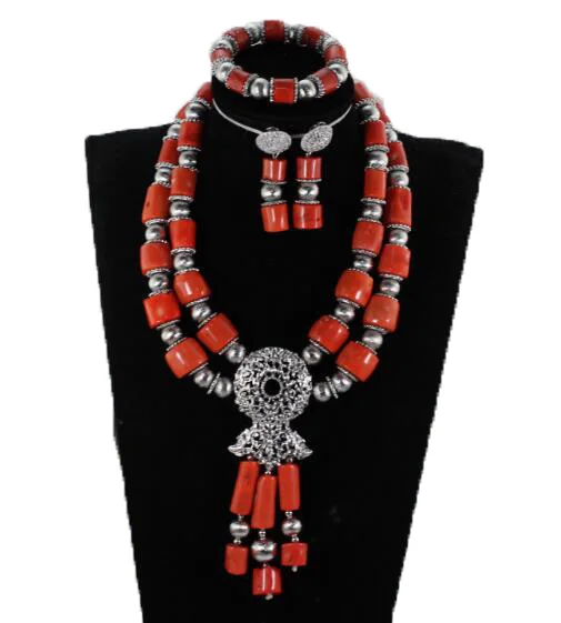 

Fashion African Coral Beads Jewelry Set Coral and Silver Wedding Bib Pendant Jewelry Set Statement Women Jewelry NCL740