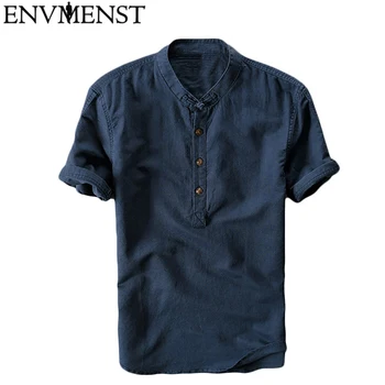 

Envmenst 2018 New Brand Shirt Men Short Sleeve Loose Thin Cotton Linen Shirt Male Fashion Solid Color Trend Stand Tees
