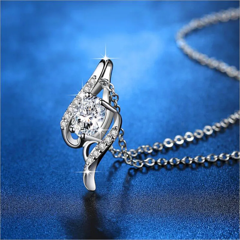 

New Trendy 925 Sterling Silver Necklaces for Women Elegant Blue Crystal Wings Pendant Necklace Girl Valentine's Day Jewelry Gift