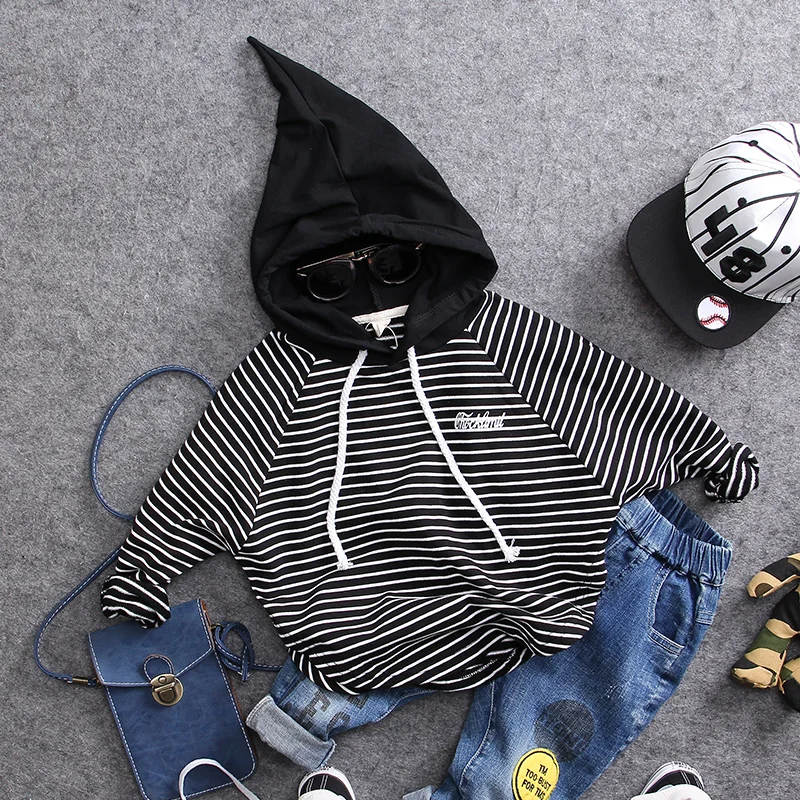 2-8Y new autumn boys striped t shirt with hood 1pc spring boys fashion style t shirt children clothing boys sweater